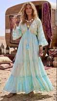 Charger l'image dans la visionneuse de la galerie, Robe Longue Bohème Gypsy EVA – Tie & Dye Aqua | Paillettes 🌴🌿