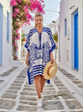 Charger l'image dans la visionneuse de la galerie, Caftan Bleu Mykonos – Robe Fluide Viscose Imprimé santorin Femme | Resort