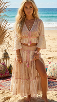 Load image into Gallery viewer, INDY✨ Ensemble Top & Jupe Longue Bohème Crème/Rose à Paillettes