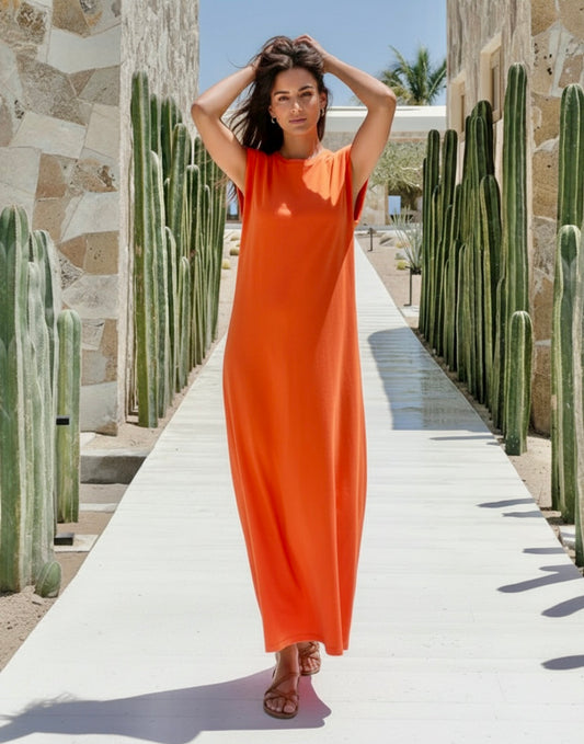 Robe Longue de Plage LADY – Coton Extensible | Col Rond | Élégance Intemporelle Resort