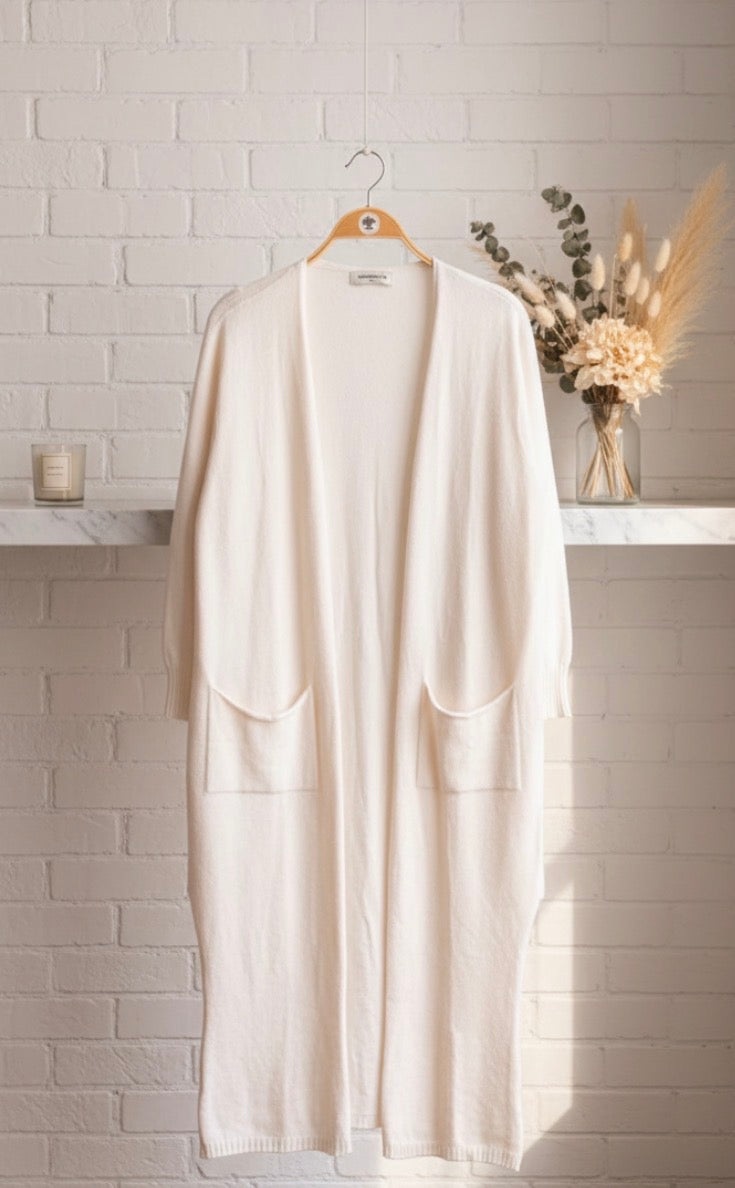 Gilet Long Crème CAMBRIDGE – Toucher Cachemire | Max & Enjoy Italie