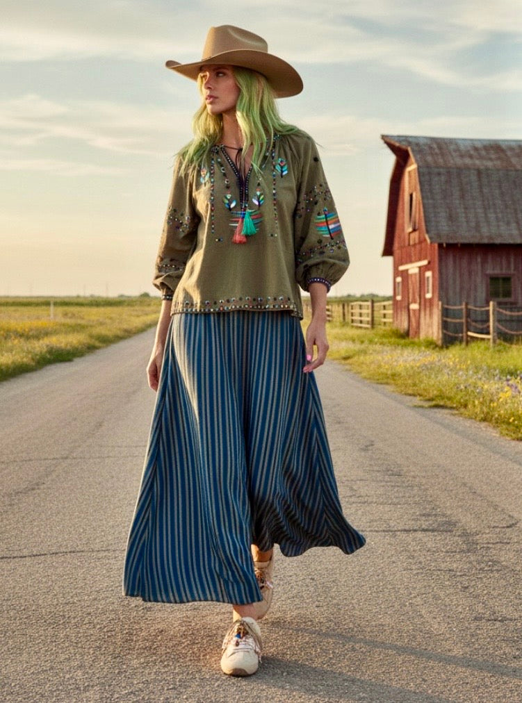 Jupe PERRY Viscose Rayée Bleu Denim