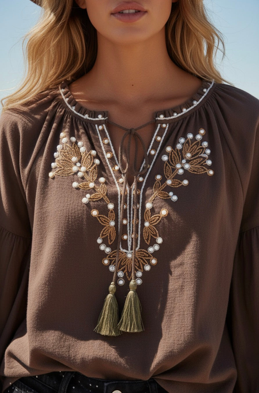 Blouse Brodée Chocolat Tennessee – 100% Coton Bohème