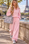 Load image into Gallery viewer, Ensemble jogging femme rose KIM – Sweat col zippé et pantalon large
