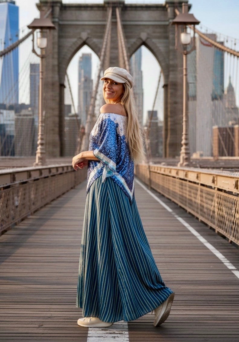 Jupe Perry 🇺🇸 Viscose Rayée Bleu Denim