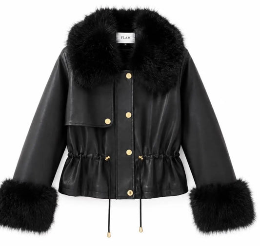 Blouson noir Effet Cuir & Fausse Fourrure JAMIE
