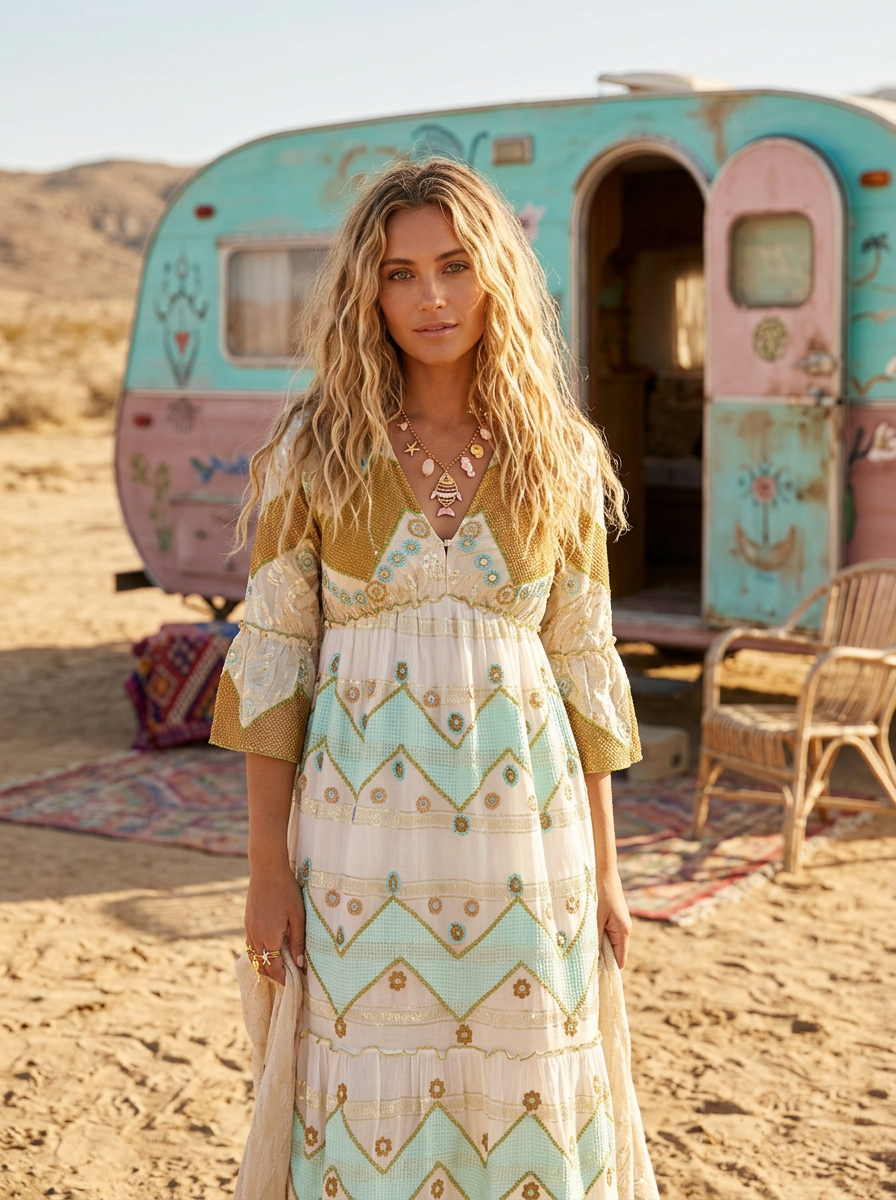Robe Longue Sequins Dorés Style Manoush – Bohème 🌙