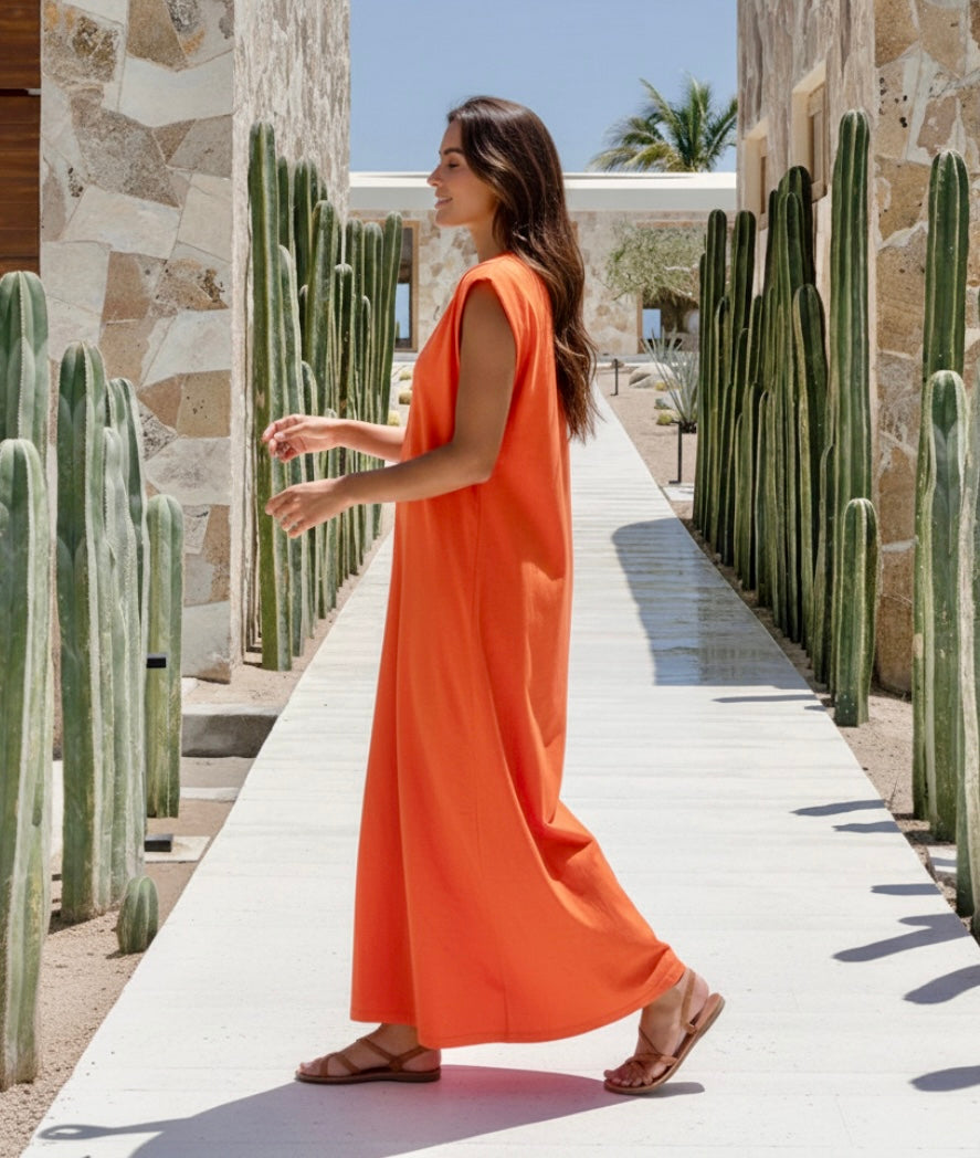 Robe Longue de Plage LADY – Coton Extensible | Col Rond | Élégance Intemporelle Resort