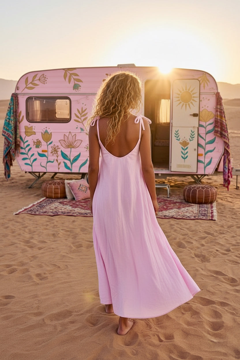 🌸 Robe Longue Rose Bohème SWANNY | Coton Fluide & Bretelles à Nouer 🌿