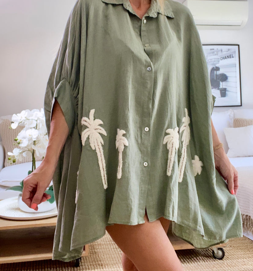 Blouse lin oversize palmiers kaki POPY