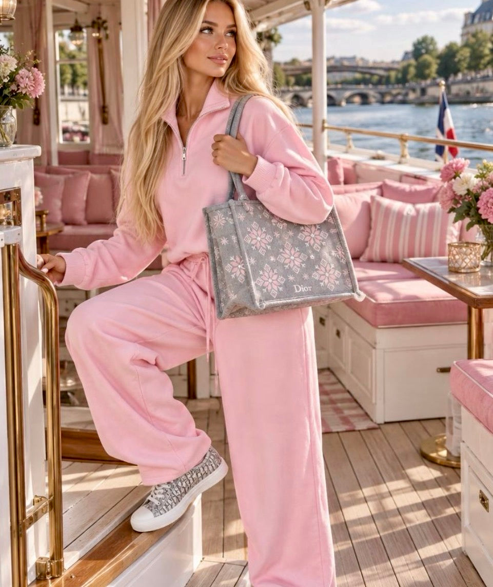 Ensemble jogging femme rose KIM – Sweat col zippé et pantalon large