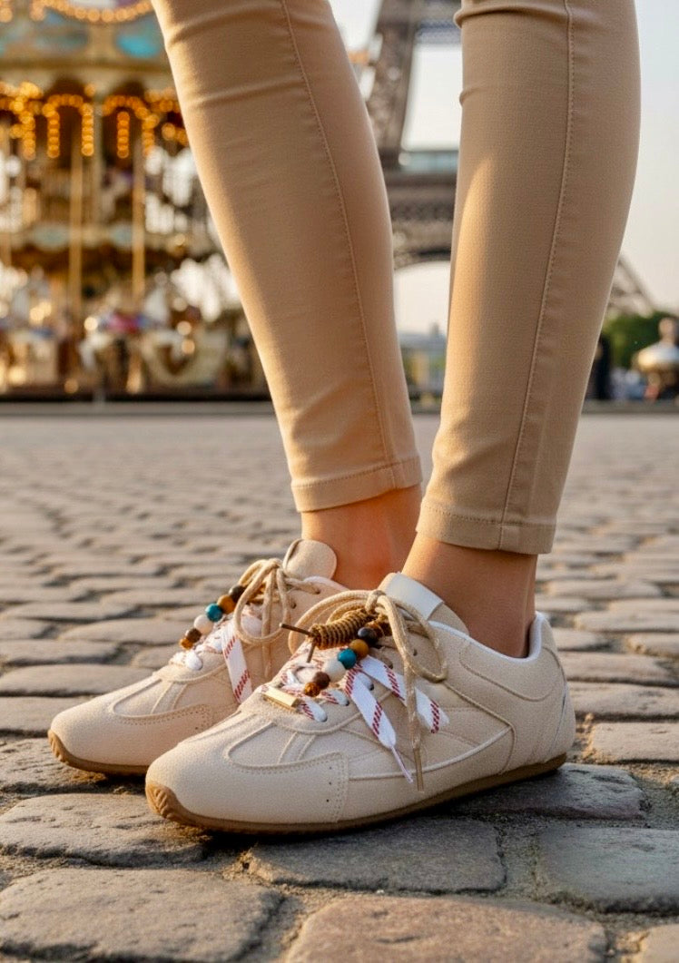 Baskets LEONIE – Effet Daim Beige & perles