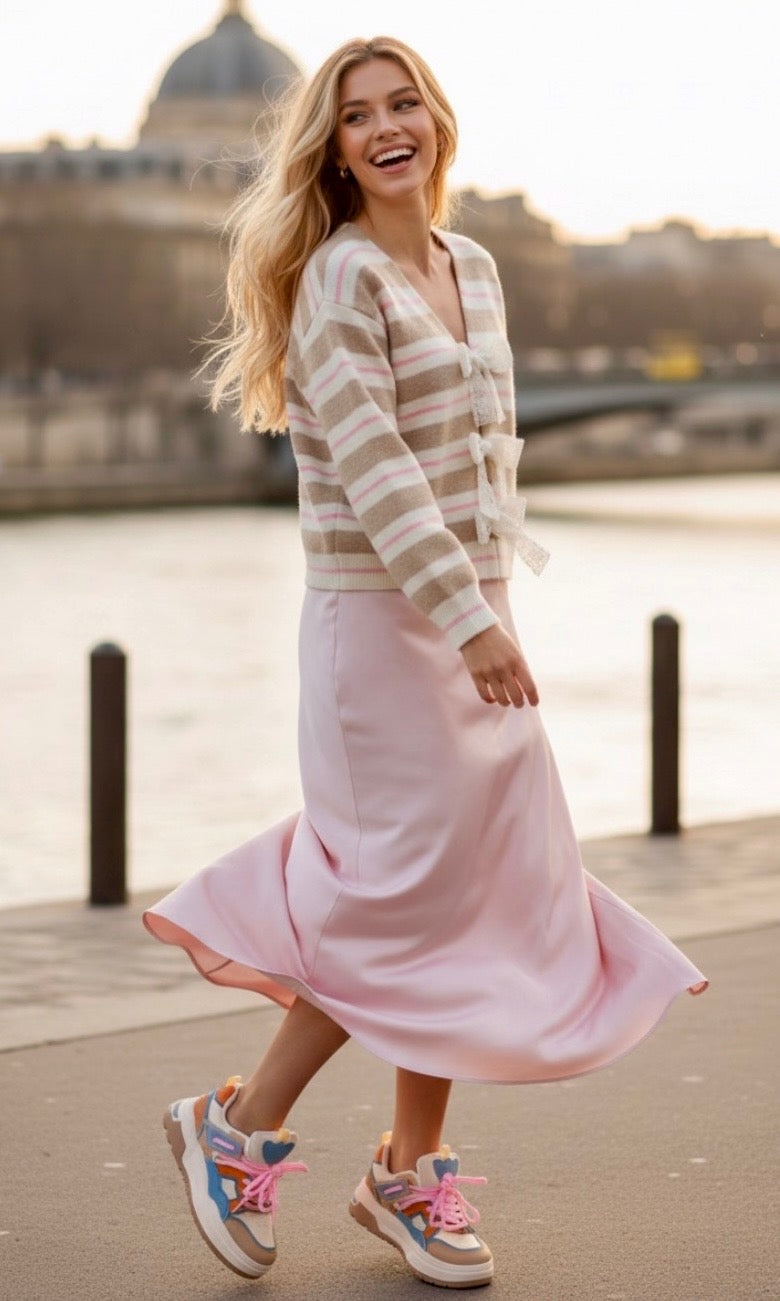 Cardigan rayures beige et rose nœuds dentelle AGNÈS 🎀