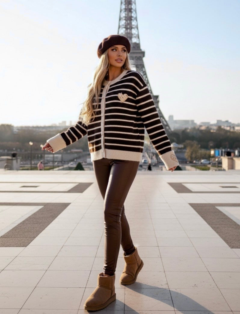 Gilet Marinière Chocolat Cœurs Paillettes – NICOLE