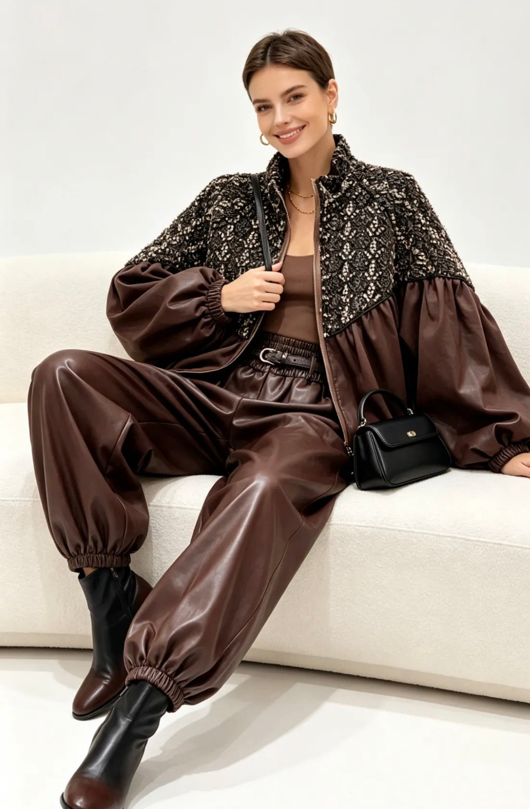 Pantalon Barrel Simili Cuir Chocolat NATY