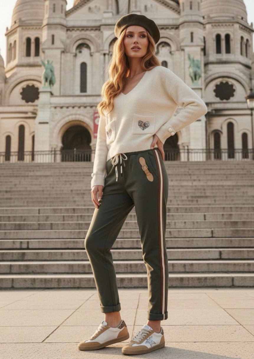 Pantalon LAURIE – Kaki Bandes Crème & Chocolat | Style Jogg Chic