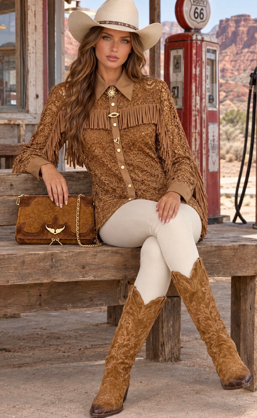 TALULAH – Chemise western femme en dentelle camel à franges