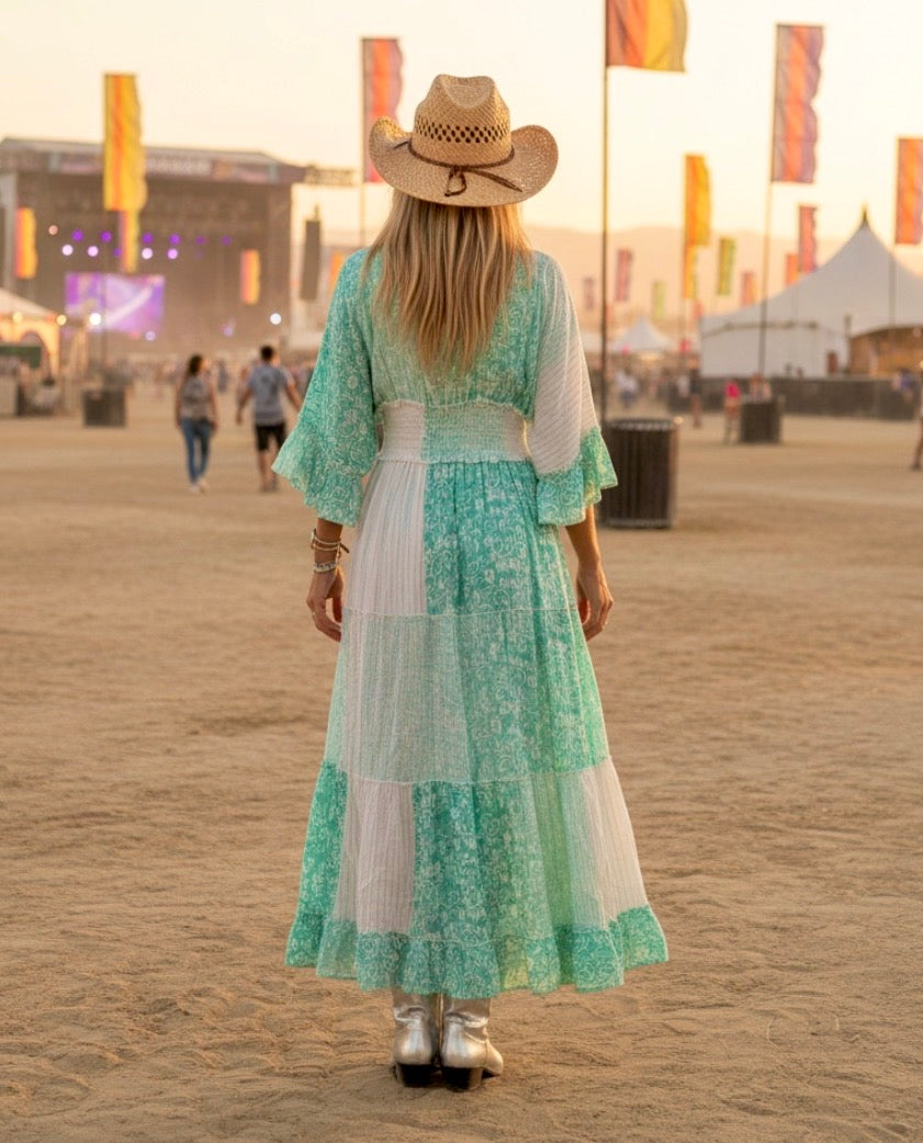 Robe Longue Bohème COACHELLA | Turquoise, Sequins argents  💫🌴