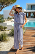 Cargar la imagen en la vista de la galería, Ensemble Pantalon Marinière CHLOÉ – Popeline Coton | Top Col Frou Frou | Resort Été

