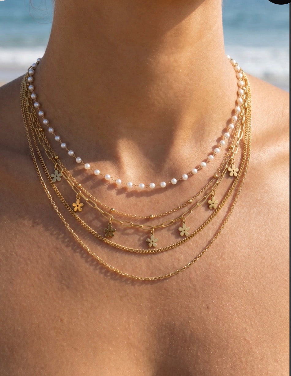 Collier Chaînes Fines & Perles Nacrées Multirang OLA – Style Bohème Doré 🫖✨