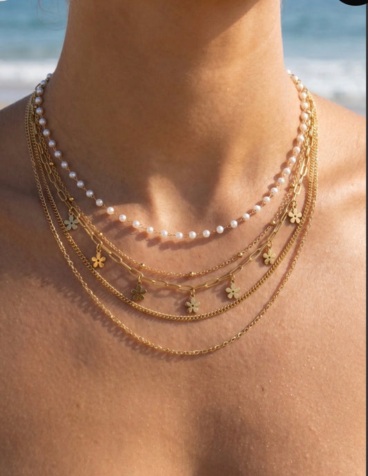 Collier Chaînes Fines & Perles Nacrées Multirang OLA – Style Bohème Doré 🫖✨