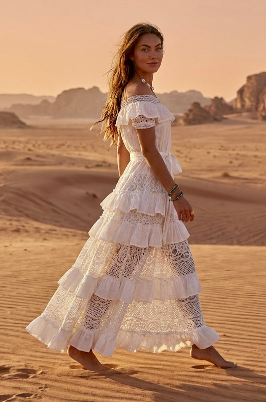 Robe Boho gipsy Blanche ESMERALDA | Dentelle & volants| Hippie Chic