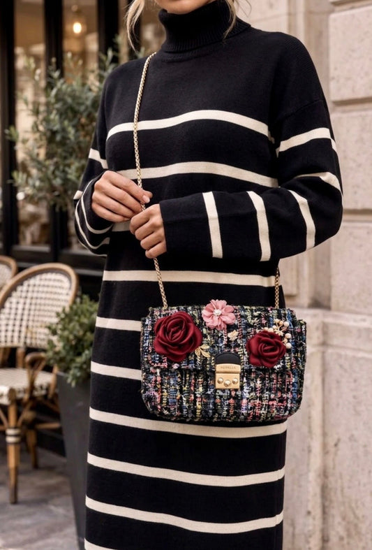 Sac en tweed marine CHANY à fleurs et chaîne dorée
