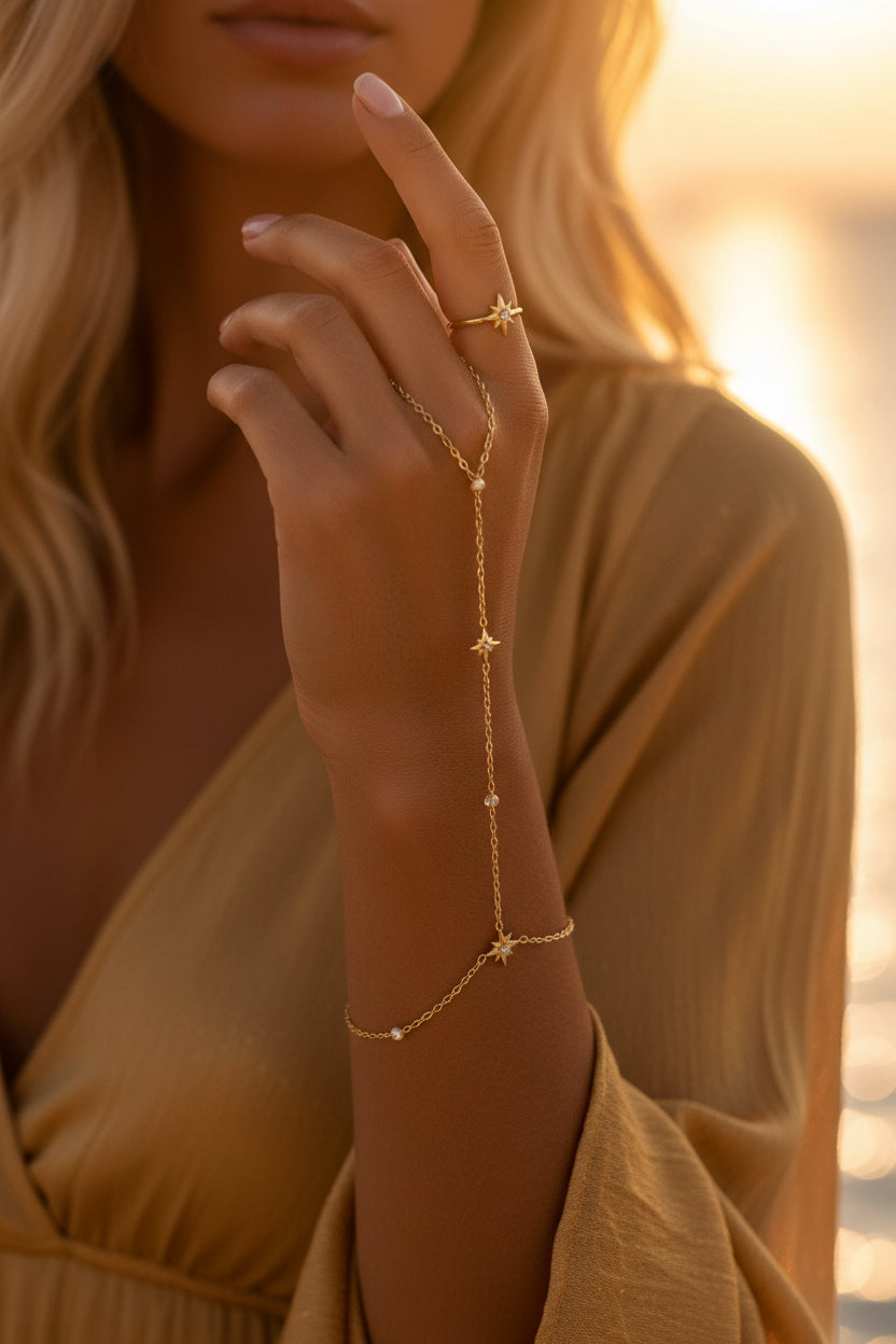 Bijou chaine de Main Constance — Chaîne Étoiles & Lune Dorée🌙⭐️