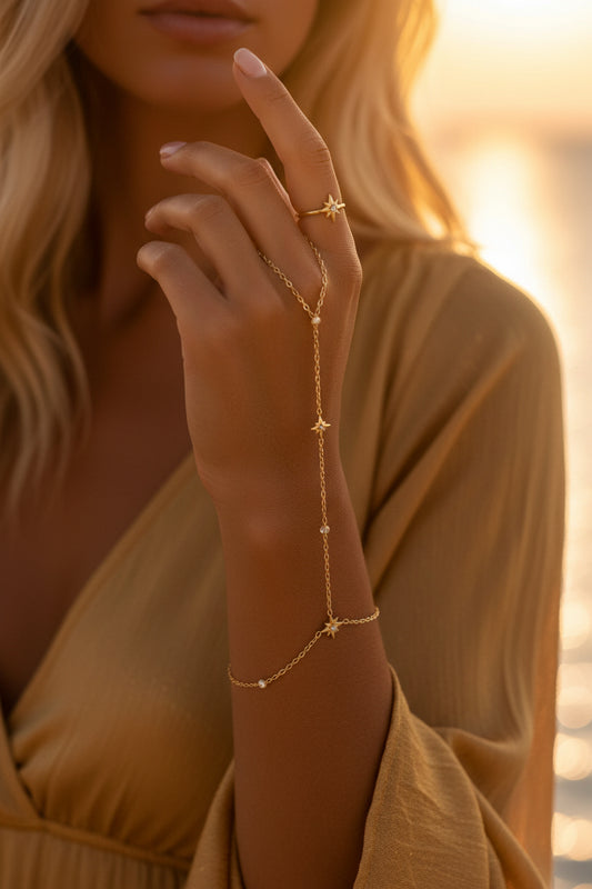 Bijou chaine de Main Constance — Chaîne Étoiles & Lune Dorée🌙⭐️
