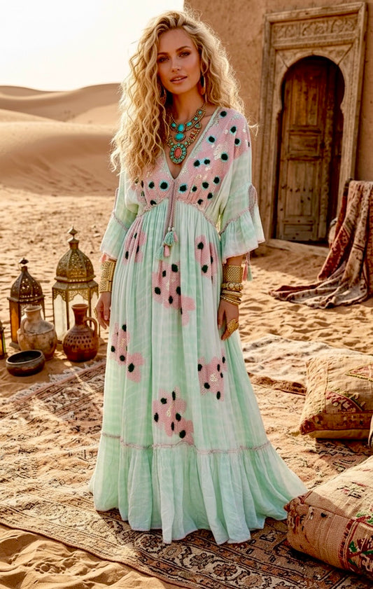 👗 Robe Longue Bohème Gypsy ESME ✨ Tie & Dye Aqua Rose | Broderies & Paillettes 🌸