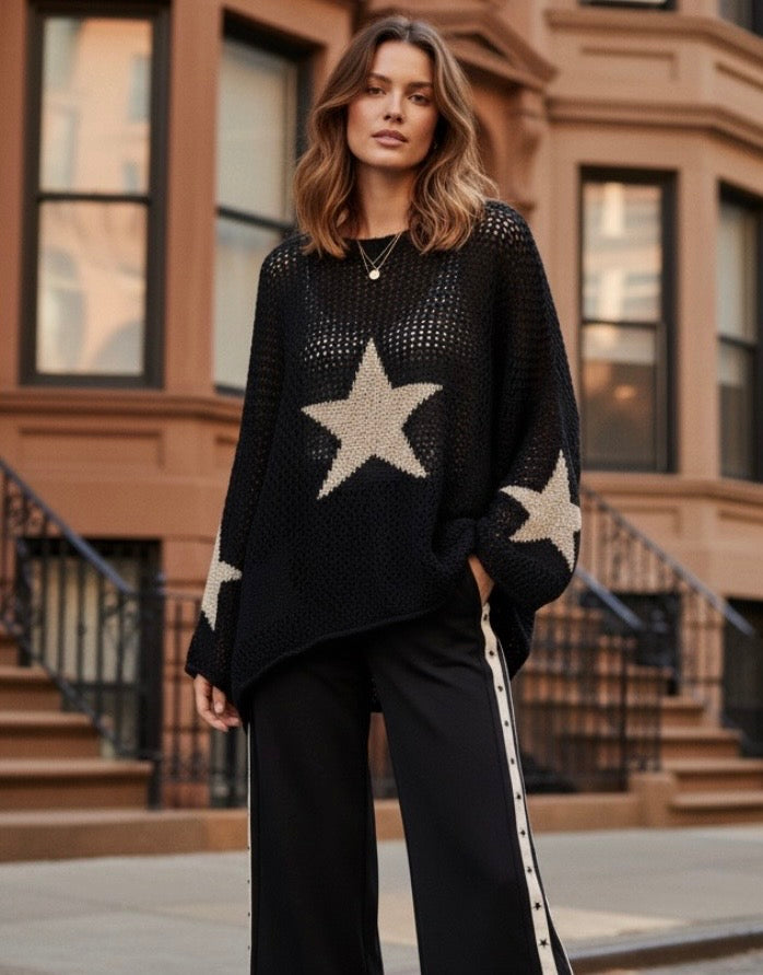 Pull Maille Noire Étoiles Dorées BRIDGET ⭐