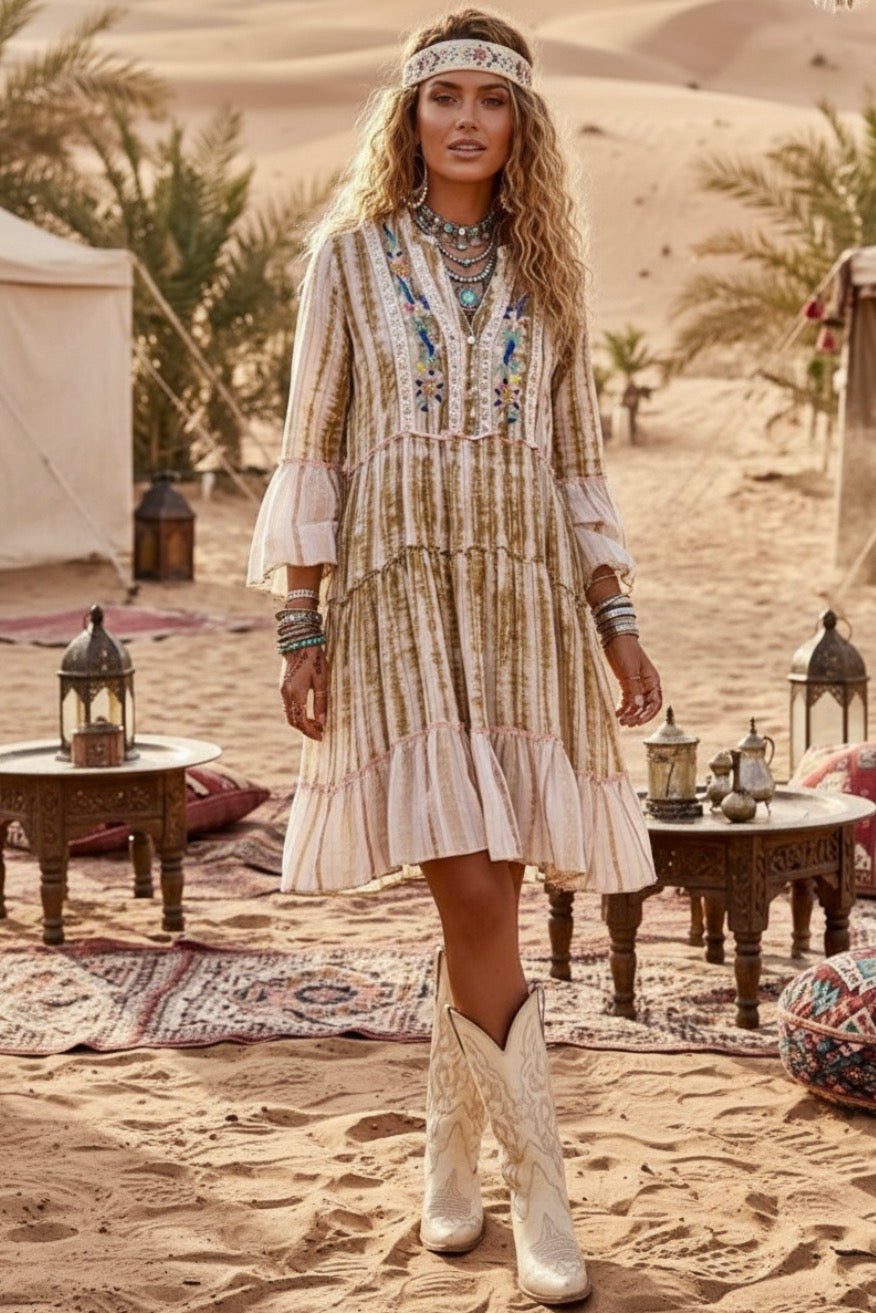 Robe Bohème AURORE ✨ Coton Tie & Dye Broderies Artisanales
