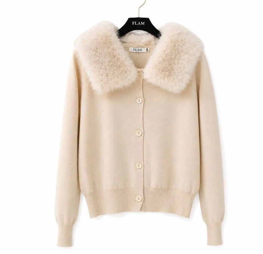 Cardigan Maille Col Fausse Fourrure MADELEINE Crème