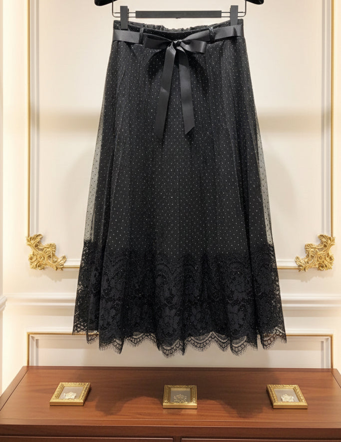 Jupe longue noire  strass et dentelle ALICIA