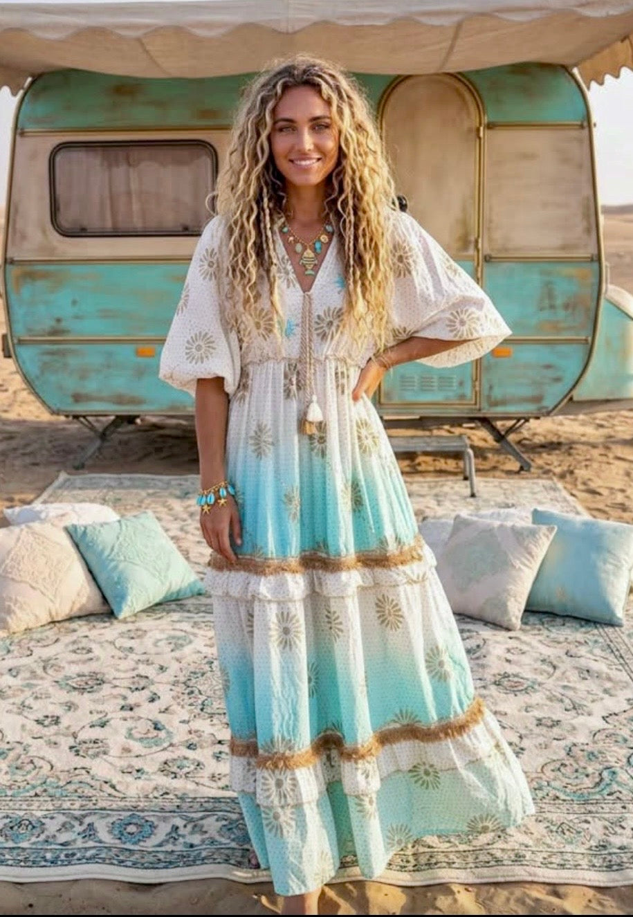 Robe Longue CARMEN | Bohème COACHELLA Tie & Dye - Perles & Sequins✨🌙
