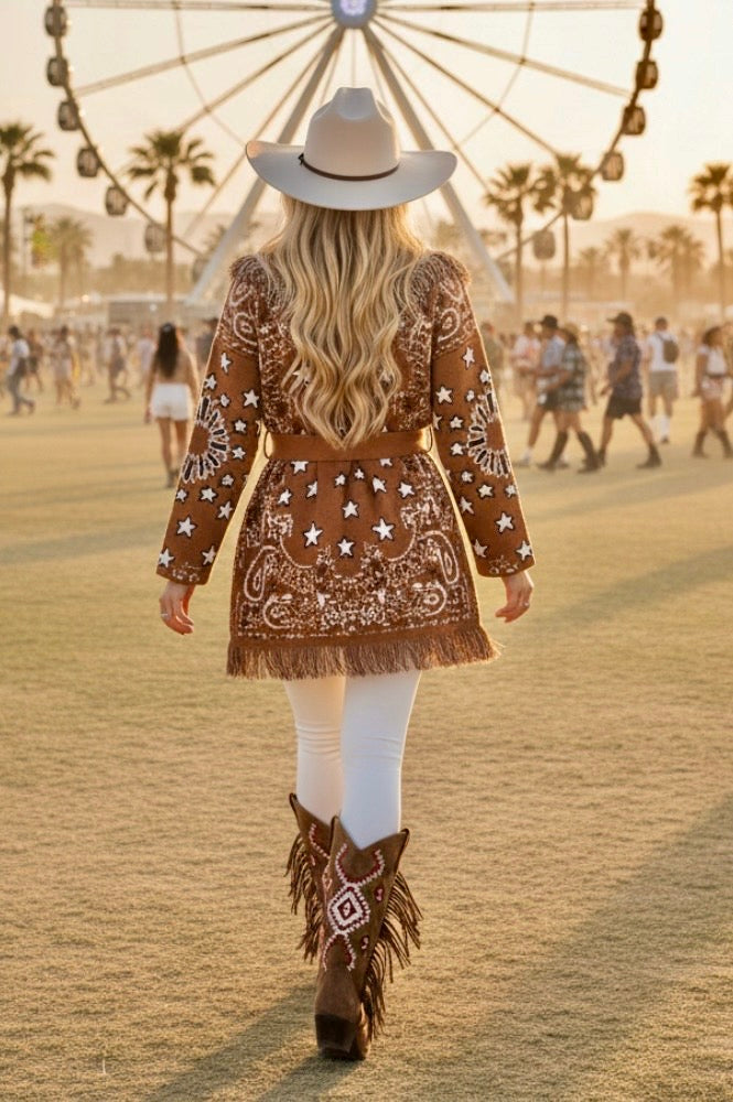 Veste Gilet Bandana Camel CALICO ✨ Étoiles & Cachemire | Franges Bohème