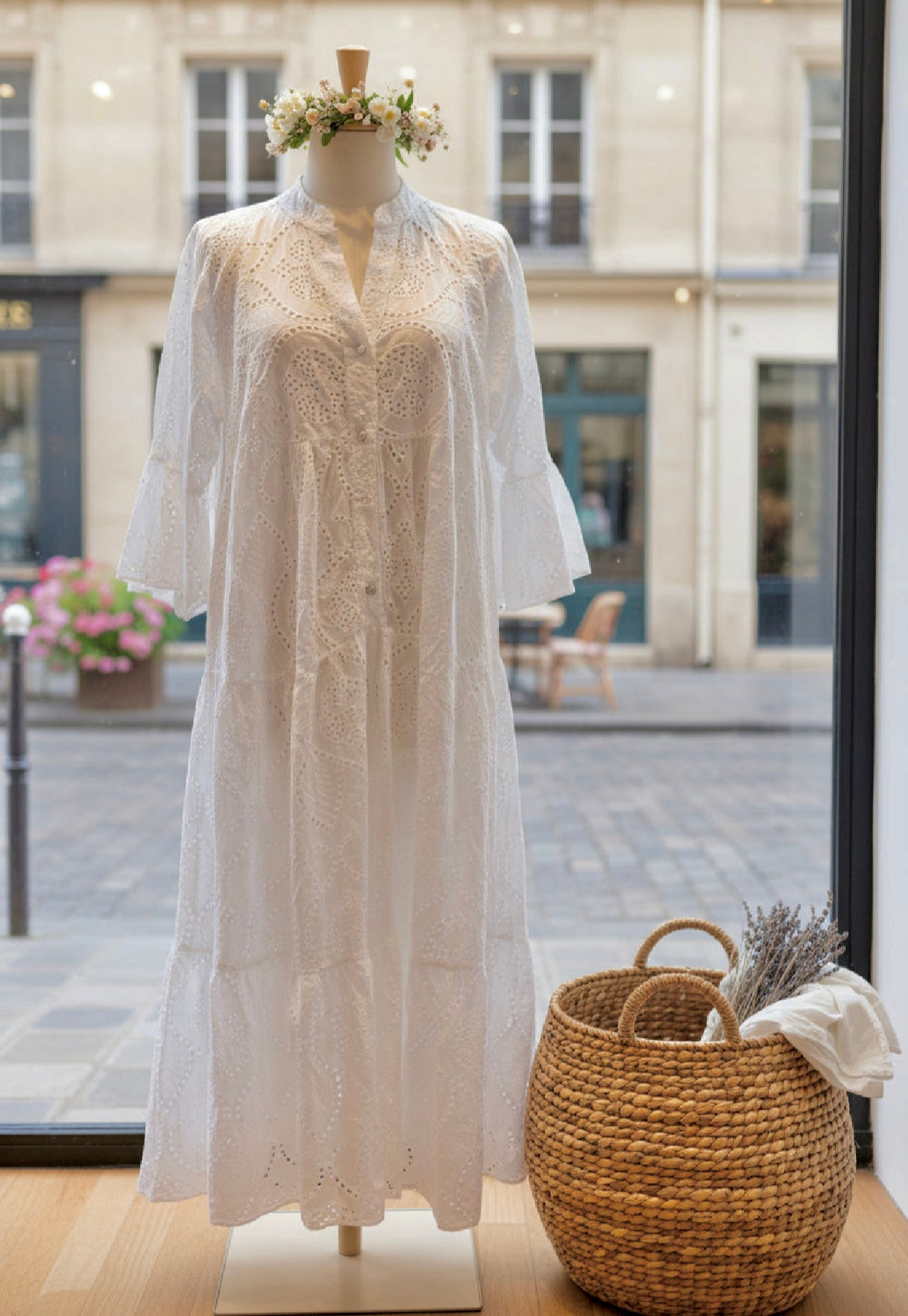 Vestido largo blanco bordado inglés BARDOT