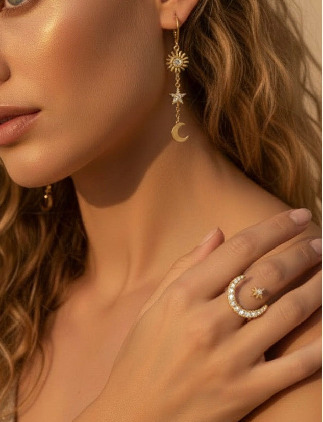 Bague Lune & Brillants CLOTILDE | Ajustable Dorée💫🌙