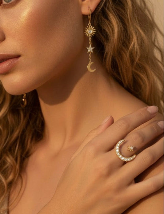 Bague Lune & Brillants CLOTILDE | Ajustable Dorée💫🌙