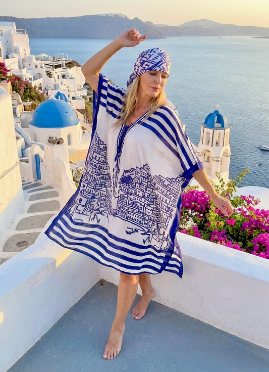 Caftan Bleu Mykonos – Robe Fluide Viscose Imprimé santorin Femme | Resort
