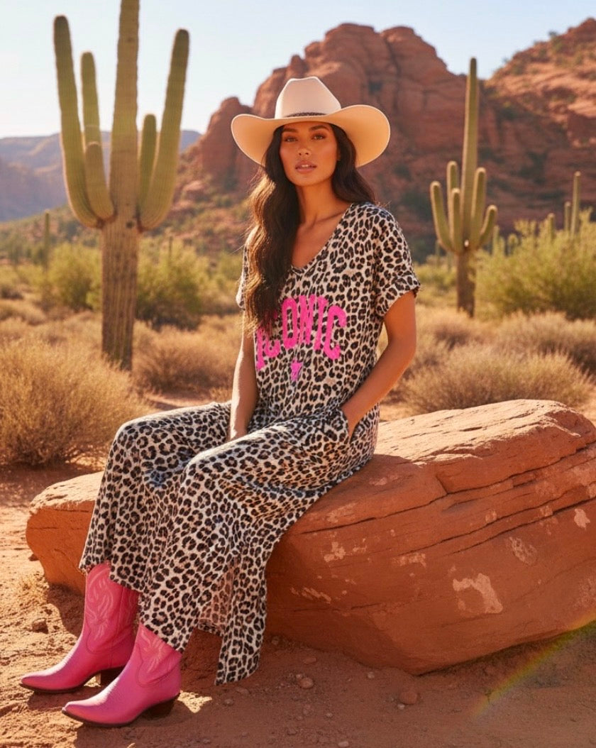 Robe Longue Léopard ICONIC 🩷🌵 – Maxi Dress Coton Boho Western