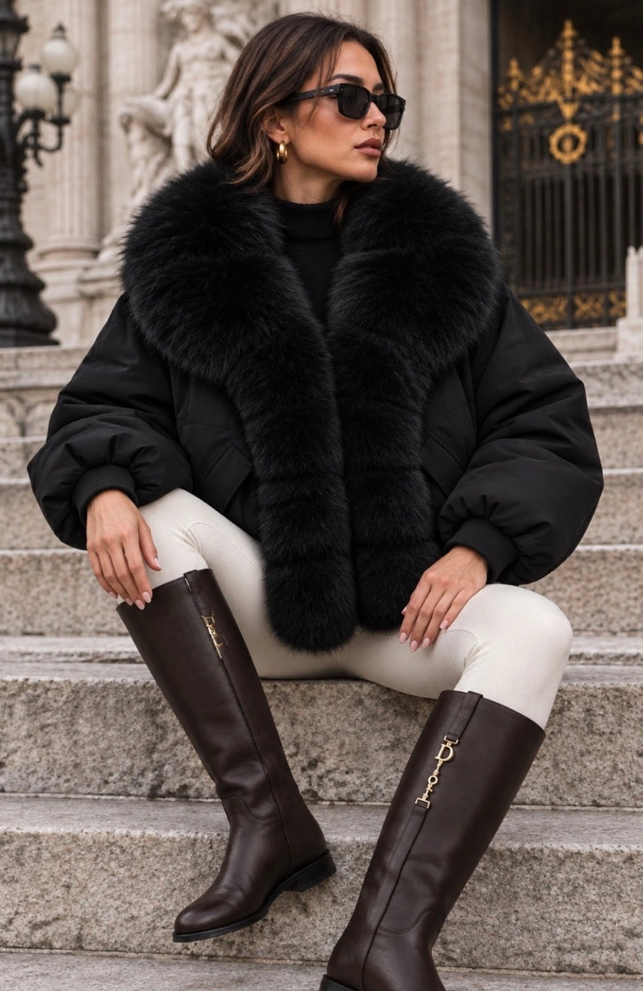 Blouson noir MARION capuche fausse fourrure