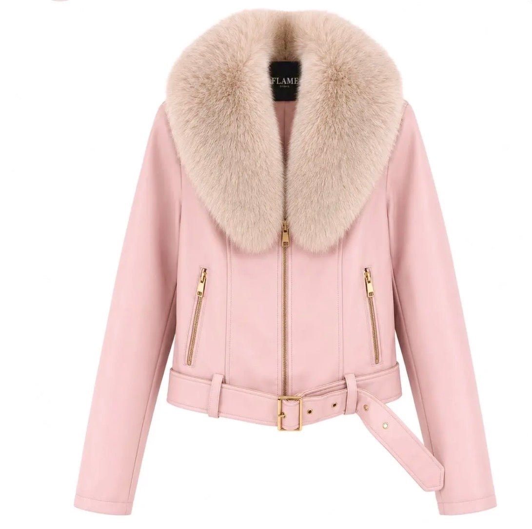 Perfecto effet cuir Rose Col Fausse Fourrure – Blouson LAURIE