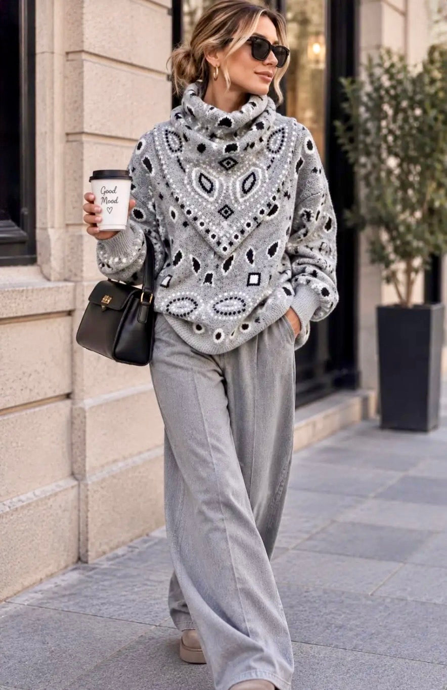 Pull avec foulard bandana en maille grise JOE