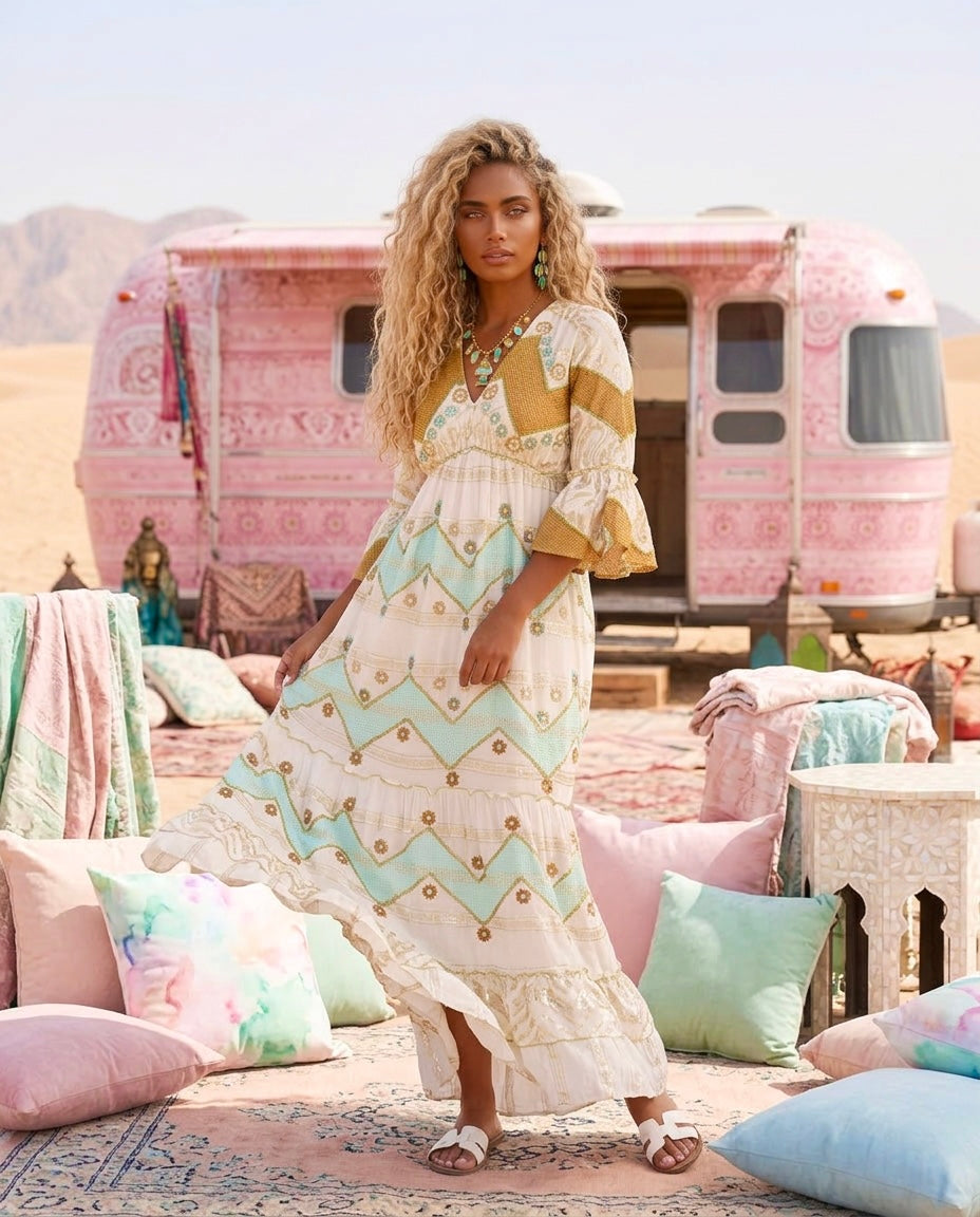 Robe Longue Sequins Dorés Style Manoush – Bohème 🌙