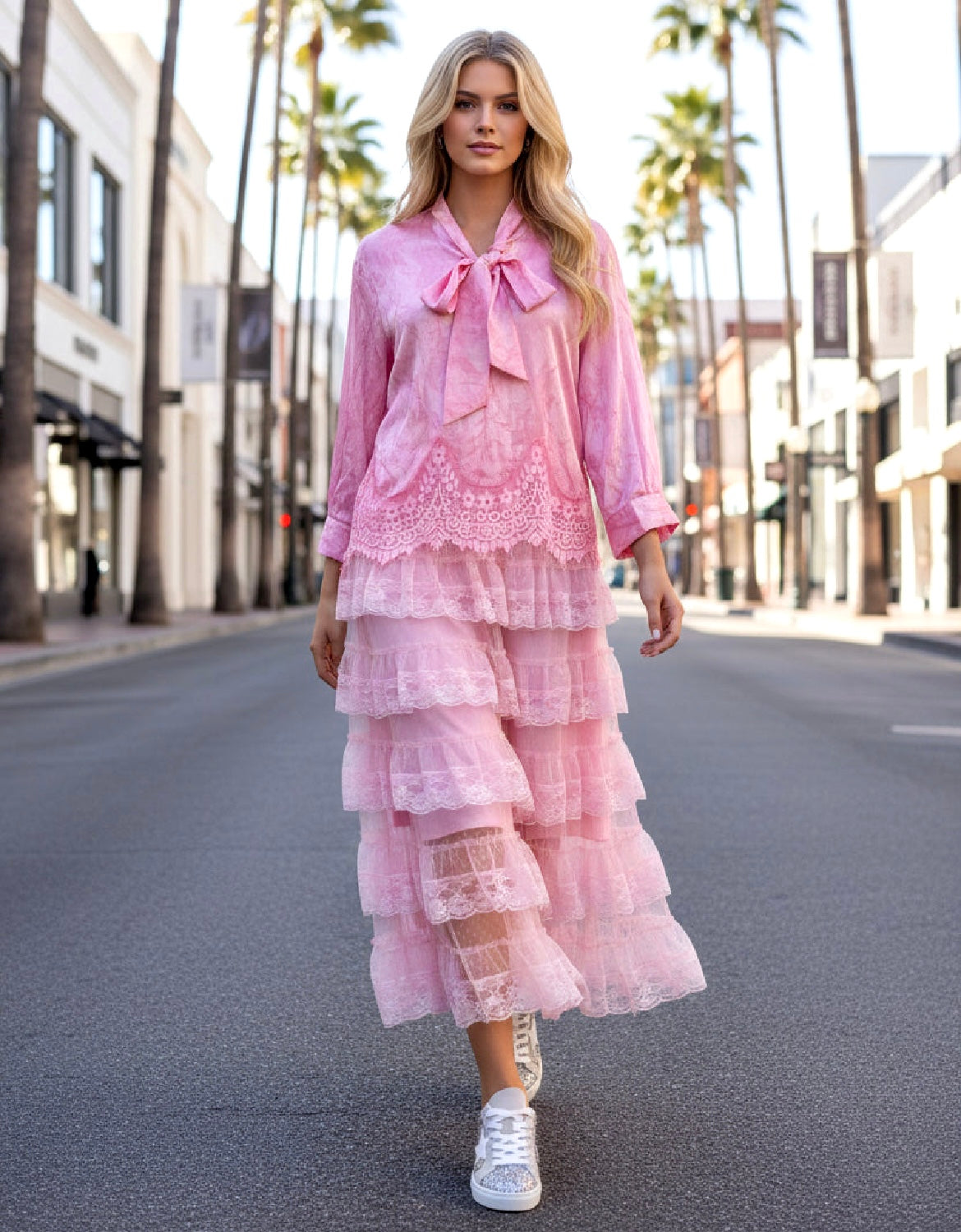 Blouse fluide rose dentelle IZA