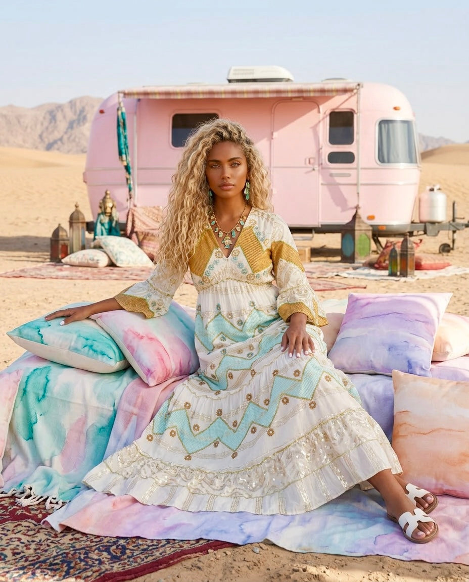 Robe Longue Sequins Dorés Style Manoush – Bohème 🌙