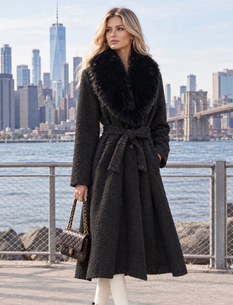 Manteau long  ceinturé col fourrure ARIANA