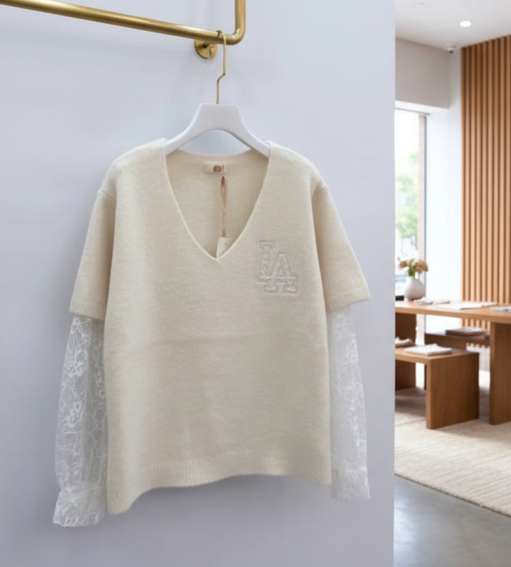 Pull crème manches dentelles ARIELLA