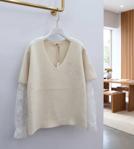 Pull crème manches dentelles ARIELLA